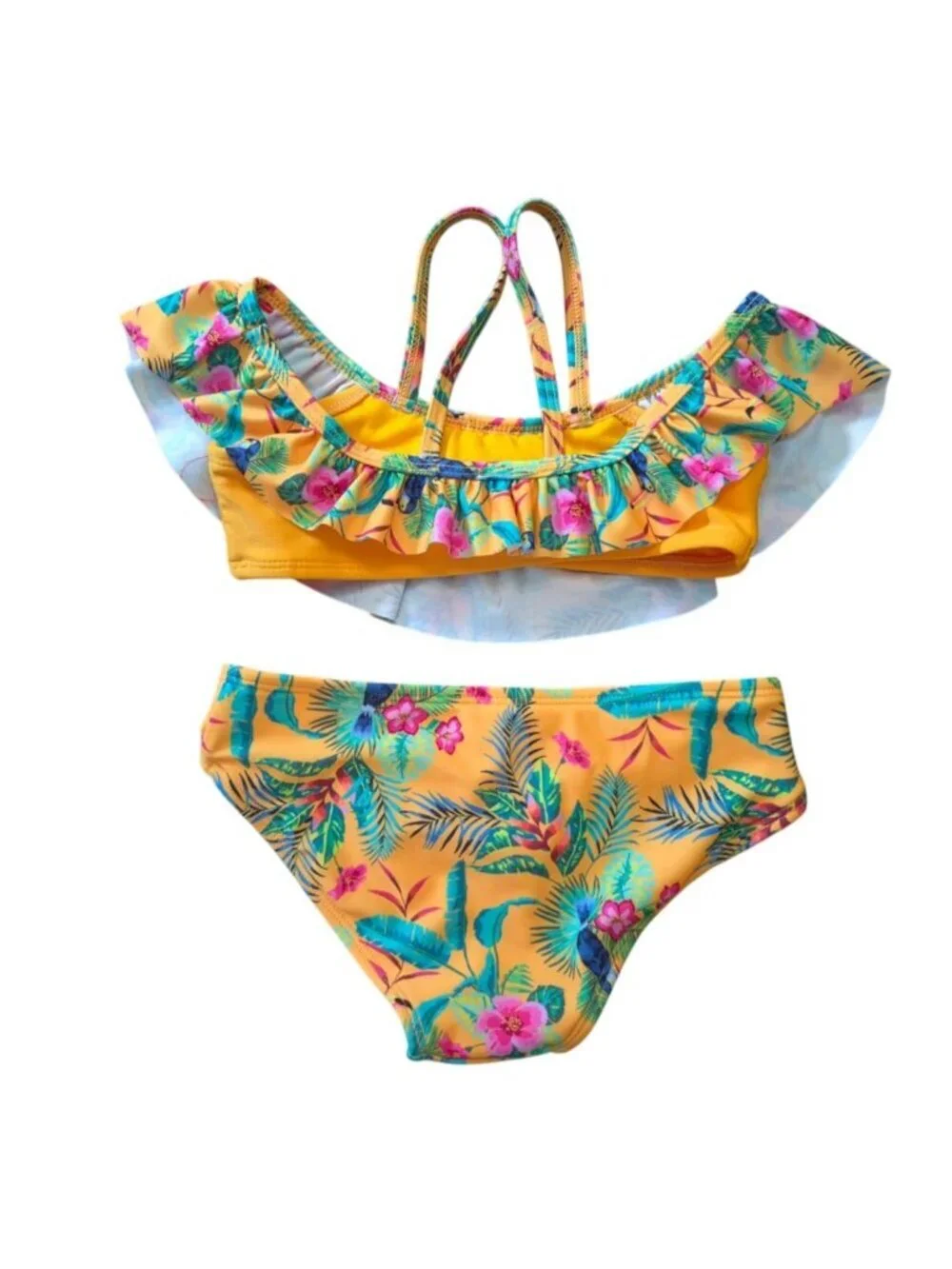 Girls XS 4/5 Floral Ruffle Bikini Set Yellow Tropical Two-Piece Swimsuit NWT.